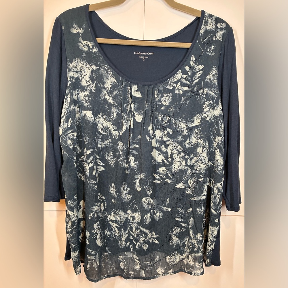 Coldwater Creek Dark Blue Floral Overlay Blouse Size XL (18)